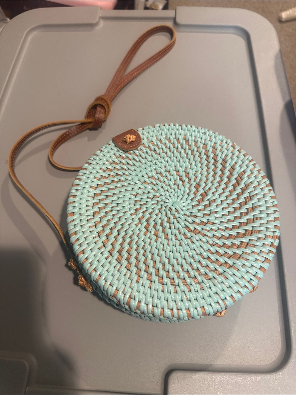 Round Woven Crossbody Bag in Mint and Brown